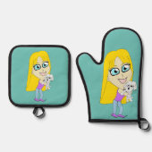 Chibi met een pup ovenwant & pannenlap set (Voorkant)