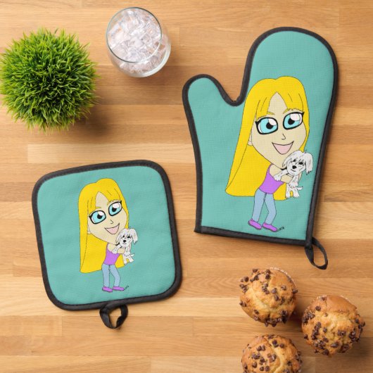 Chibi met een pup ovenwant & pannenlap set (Top down)
