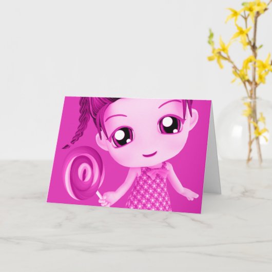Chibi Pink Birthday Card Kaart (Gele Bloem)