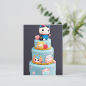 Chibi schattig katje blauwe gele verjaardagstaart feestdagenkaart (Staand voorkant)