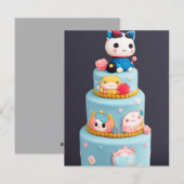 Chibi schattig katje blauwe gele verjaardagstaart feestdagenkaart (Voorkant / Achterkant)