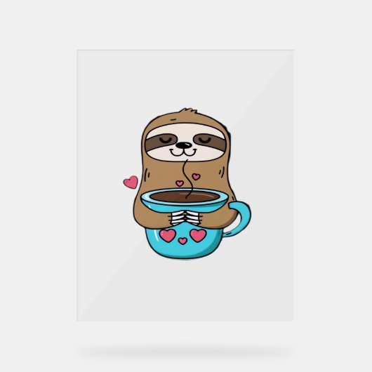 Chibi Sloth Coffee Lover – Schattigee Kawaii Sloth Acryl Bord (Voorkant)