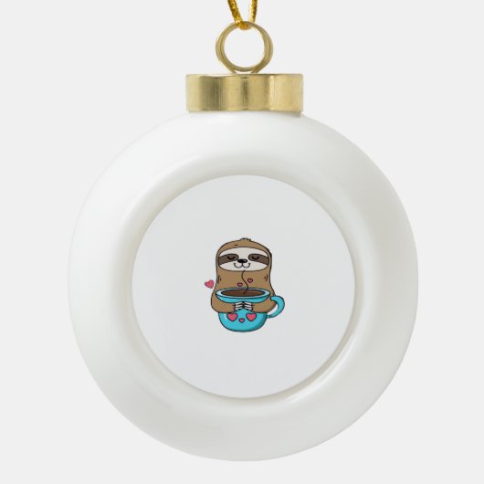 Chibi Sloth Coffee Lover – Schattigee Kawaii Sloth Keramische Bal Ornament (Voorkant)
