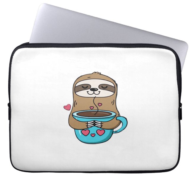Chibi Sloth Coffee Lover – Schattigee Kawaii Sloth Laptop Sleeve (Voorkant)