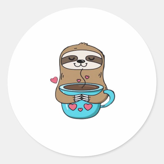 Chibi Sloth Coffee Lover – Schattigee Kawaii Sloth Ronde Sticker (Voorkant)