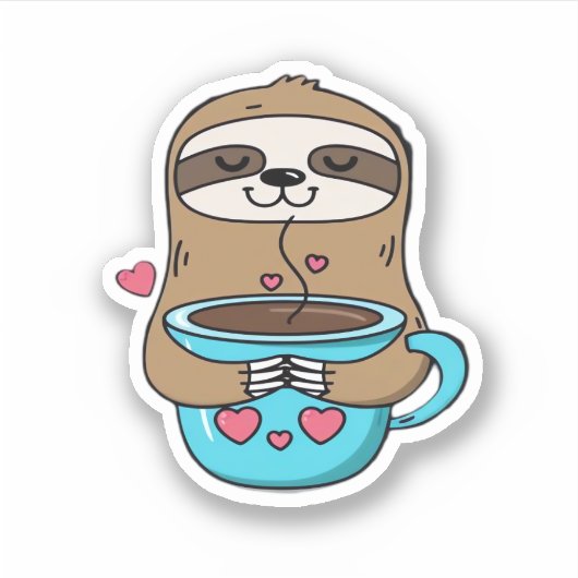 Chibi Sloth Coffee Lover – Schattigee Kawaii Sloth Sticker (Voorkant)