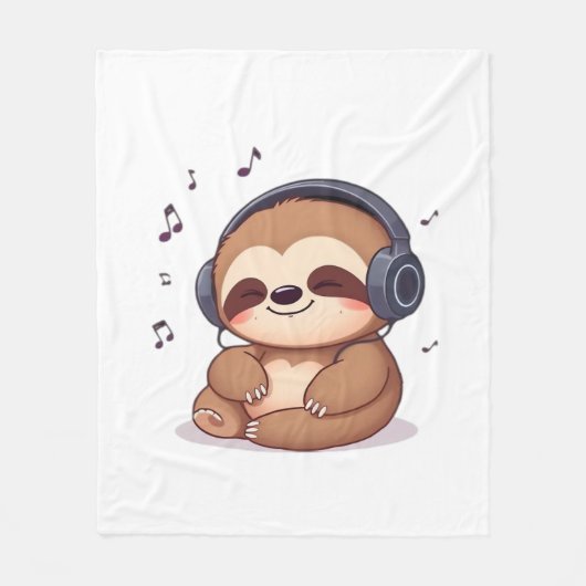 Chibi Sloth with Headphones � Cute Kawaii Relaxing Fleece Deken (Voorkant)
