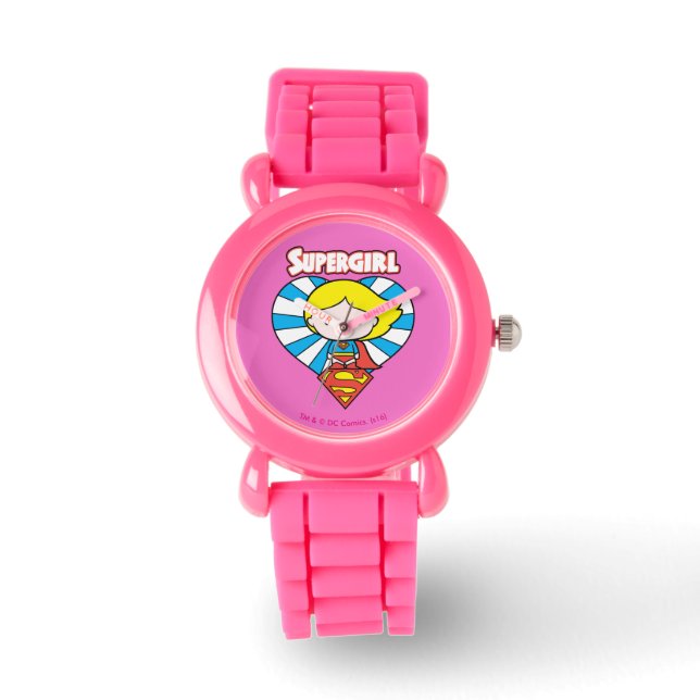Chibi Supergirl Starburst Heart en Logo Horloge (Voorkant)