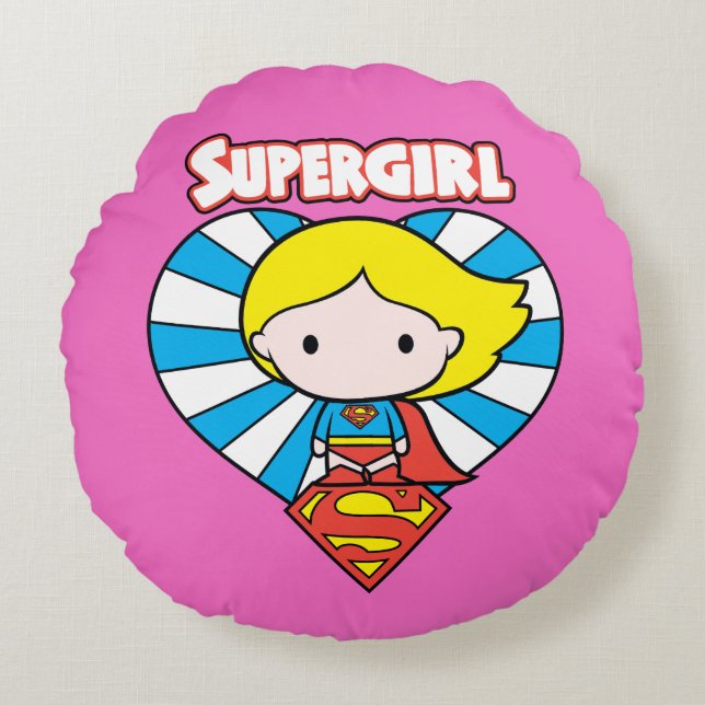 Chibi Supergirl Starburst Heart en Logo Rond Kussen (Voorkant)