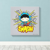 Chibi Superman die door de Brick-muur smashing Canvas Afdruk (Insitu (Houten vloer))