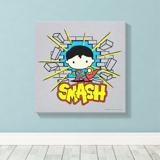 Chibi Superman die door de Brick-muur smashing Canvas Afdruk (Insitu (Houten vloer))