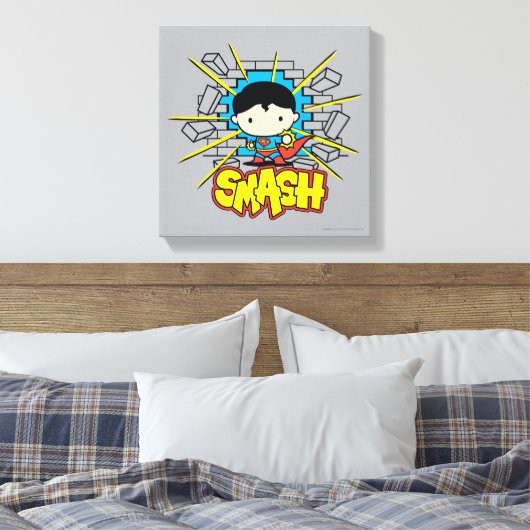 Chibi Superman die door de Brick-muur smashing Canvas Afdruk (Insitu (Slaapkamer))