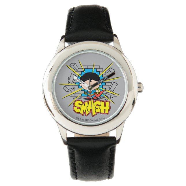 Chibi Superman die door de Brick-muur smashing Horloge (Voorkant)