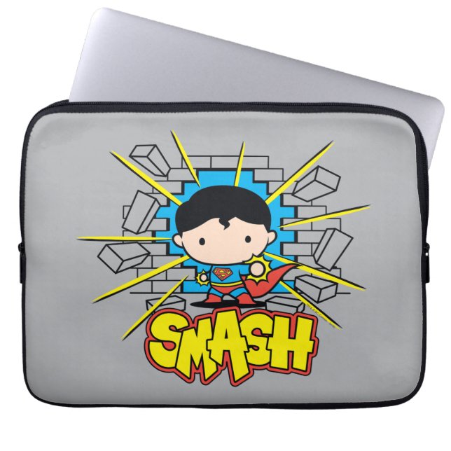 Chibi Superman die door de Brick-muur smashing Laptop Sleeve (Voorkant)