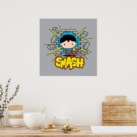 Chibi Superman die door de Brick-muur smashing Poster (Keuken)