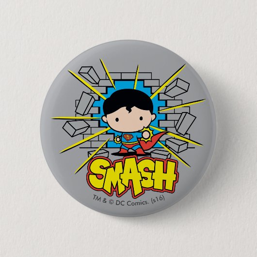 Chibi Superman die door de Brick-muur smashing Ronde Button 5,7 Cm (Voorkant)