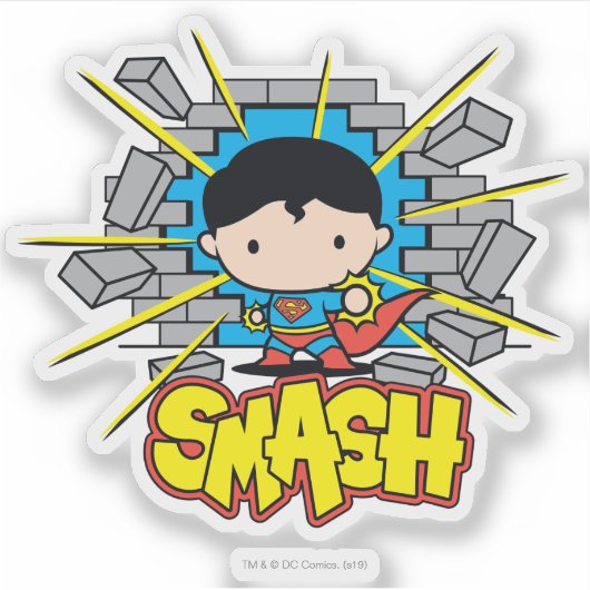 Chibi Superman die door de Brick-muur smashing Sticker (Voorkant)