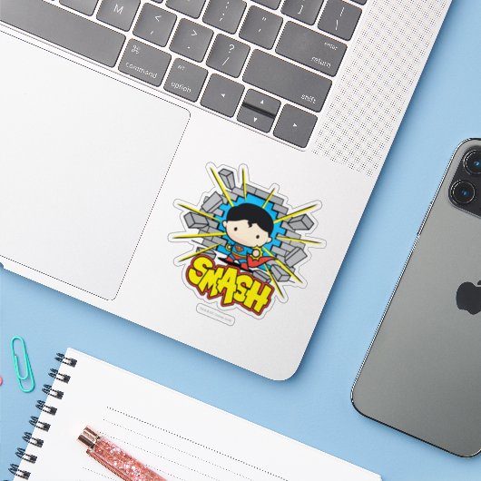 Chibi Superman die door de Brick-muur smashing Sticker (Laptop met iPhone)