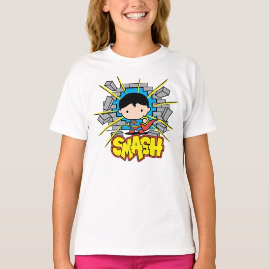 Chibi Superman die door de Brick-muur smashing T-shirt (Voorkant)