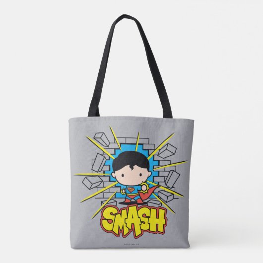 Chibi Superman die door de Brick-muur smashing Tote Bag (Achterkant)