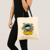 Chibi Superman die door de Brick-muur smashing Tote Bag (Voorkant (product))