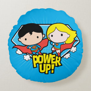 Chibi Superman en Chibi Supergirl Power Up! Rond Kussen