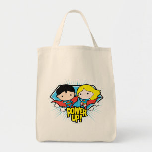 Chibi Superman en Chibi Supergirl Power Up! Tote Bag