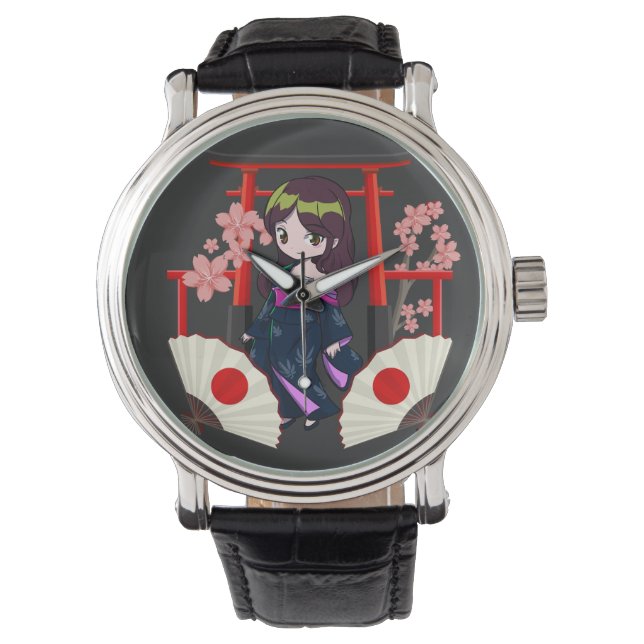 Chibi Traditioneel Japans meisje Horloge (Voorkant)