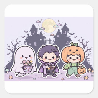 Chibi Trick or Treat Halloween Kinderontwerp Vierkante Sticker