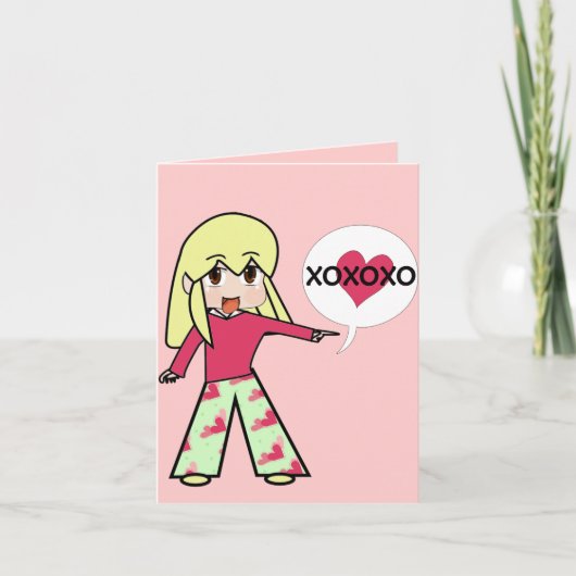 Chibi Valentijn Hartjes Dank Je XOXOXO Bedankkaart (Voorkant)