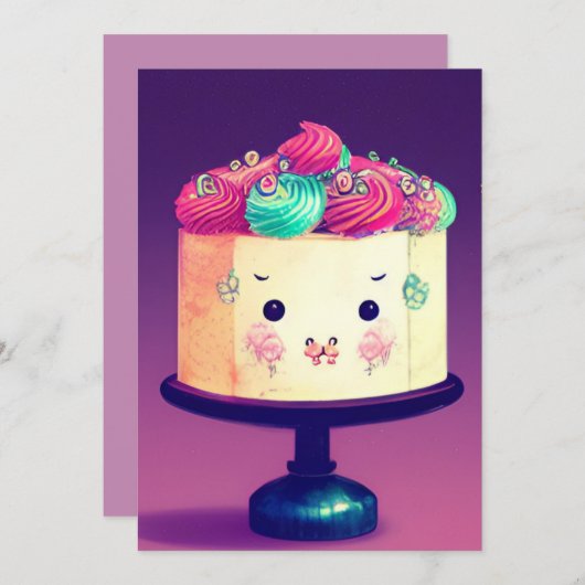 Chibi verjaardagstaart raspberry pistachio crème p feestdagenkaart (Voorkant / Achterkant)