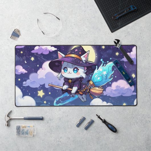 Chibi Witch Cat Flying in Starry Sky – Kawaii Magi Bureaumat (Werkstation)