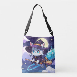 Chibi Witch Cat Flying in Starry Sky – Kawaii Magi Crossbody Tas