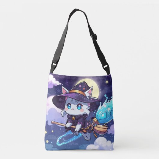 Chibi Witch Cat Flying in Starry Sky – Kawaii Magi Crossbody Tas (Achterkant)