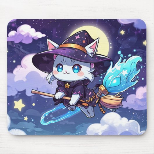 Chibi Witch Cat Flying in Starry Sky – Kawaii Magi Muismat (Voorkant)