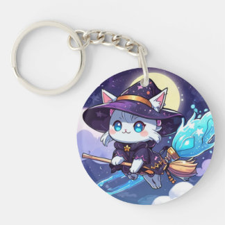 Chibi Witch Cat Flying in Starry Sky – Kawaii Magi Sleutelhanger