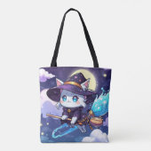 Chibi Witch Cat Flying in Starry Sky – Kawaii Magi Tote Bag (Achterkant)