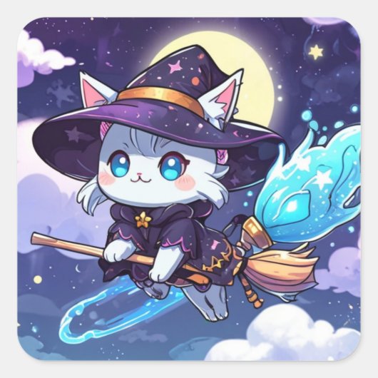 Chibi Witch Cat Flying in Starry Sky – Kawaii Magi Vierkante Sticker (Voorkant)