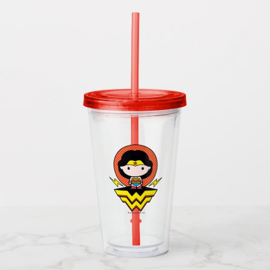 Chibi Wonder Vrouw met pooldots en Logo Acryl Drinkbeker (Voorkant)