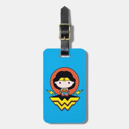 Chibi Wonder Vrouw met pooldots en Logo Bagagelabel (Voorkant verticaal)