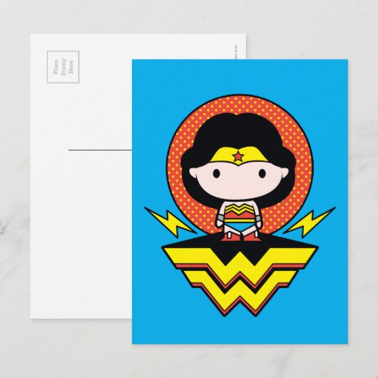 Chibi Wonder Vrouw met pooldots en Logo Briefkaart (Voorkant / Achterkant)