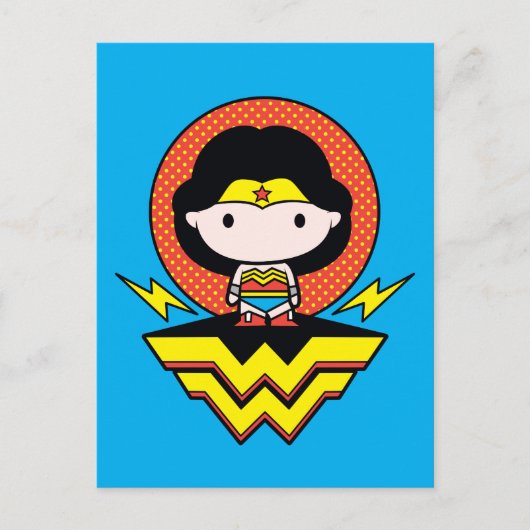 Chibi Wonder Vrouw met pooldots en Logo Briefkaart (Voorkant)