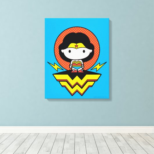 Chibi Wonder Vrouw met pooldots en Logo Canvas Afdruk (Insitu (Houten vloer))