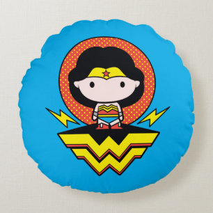 Chibi Wonder Vrouw met pooldots en Logo Rond Kussen