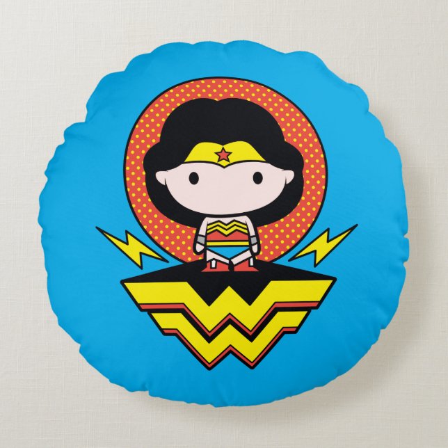 Chibi Wonder Vrouw met pooldots en Logo Rond Kussen (Voorkant)