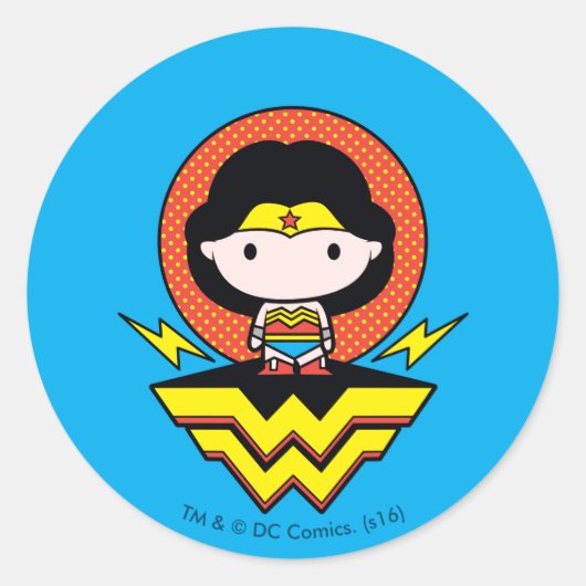 Chibi Wonder Vrouw met pooldots en Logo Ronde Sticker (Voorkant)
