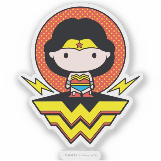 Chibi Wonder Vrouw met pooldots en Logo Sticker (Voorkant)