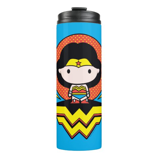 Chibi Wonder Vrouw met pooldots en Logo Thermosbeker (Voorkant)