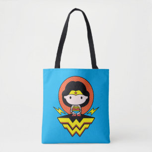 Chibi Wonder Vrouw met pooldots en Logo Tote Bag