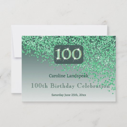 Chic 100 Birthday Green Glitter RSVP Kaartje (Voorkant)
